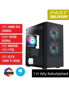 AMD Ryzen 3 2200G 16GB 480GB GTX 1050 Ti W10H, Meta Refurb Gaming PC