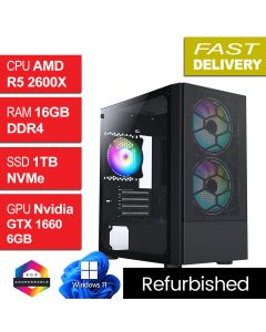 AMD Ryzen 5 2600X 16GB 1TB GTX1660 W11H, Refurb META Gaming PC